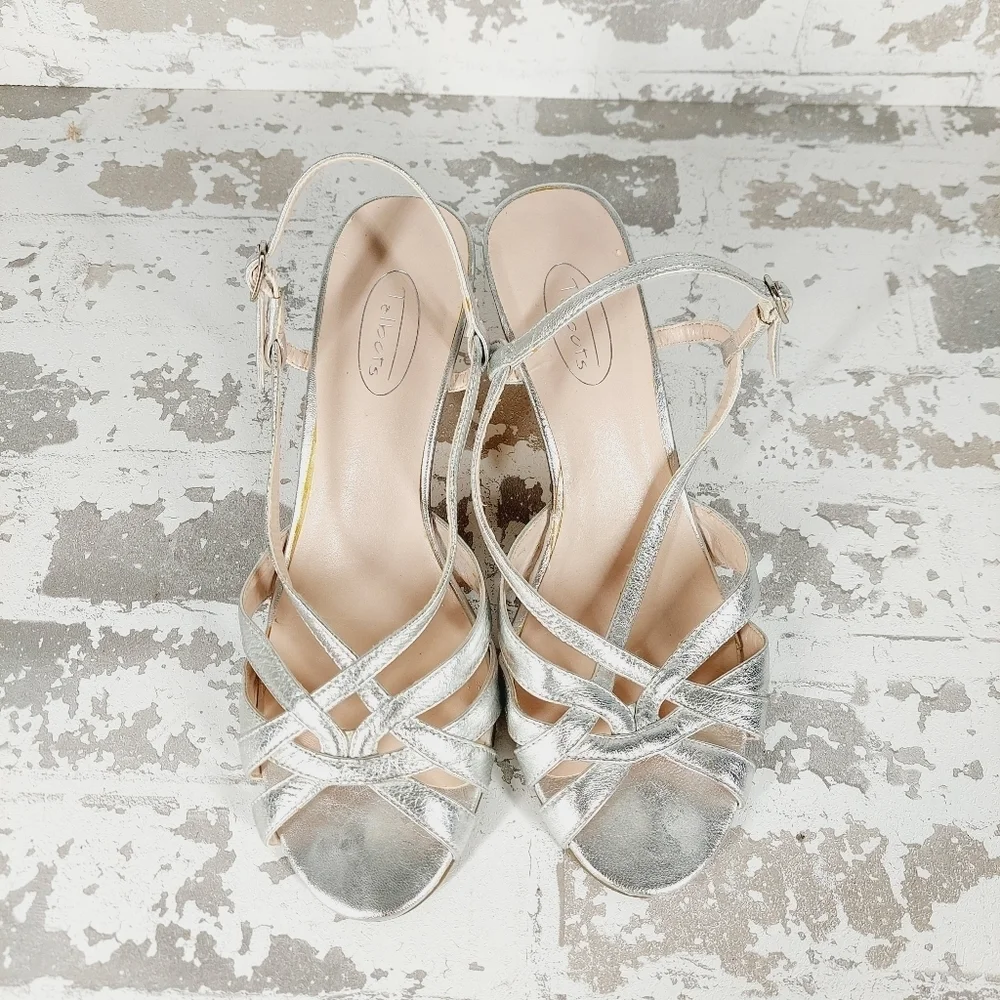 Talbots Women's Silver Genuine Leather Platform Strap Wedge Sandals V327